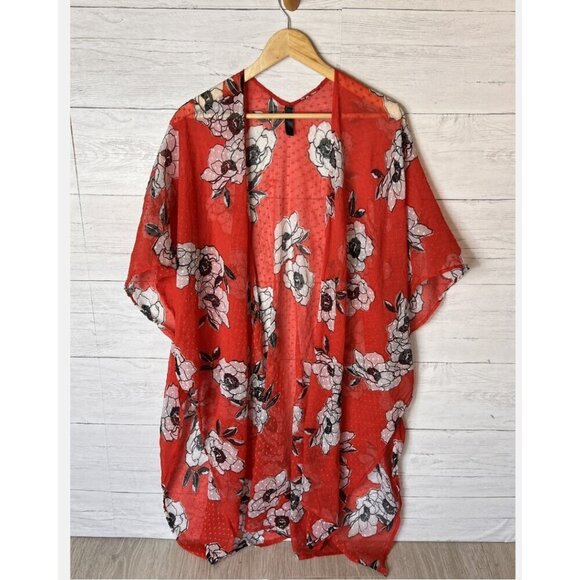 Lane Bryant Kimono Womens One Size Red Sheer Swiss Dot Floral Flowy Lightweight - Picture 1 of 12